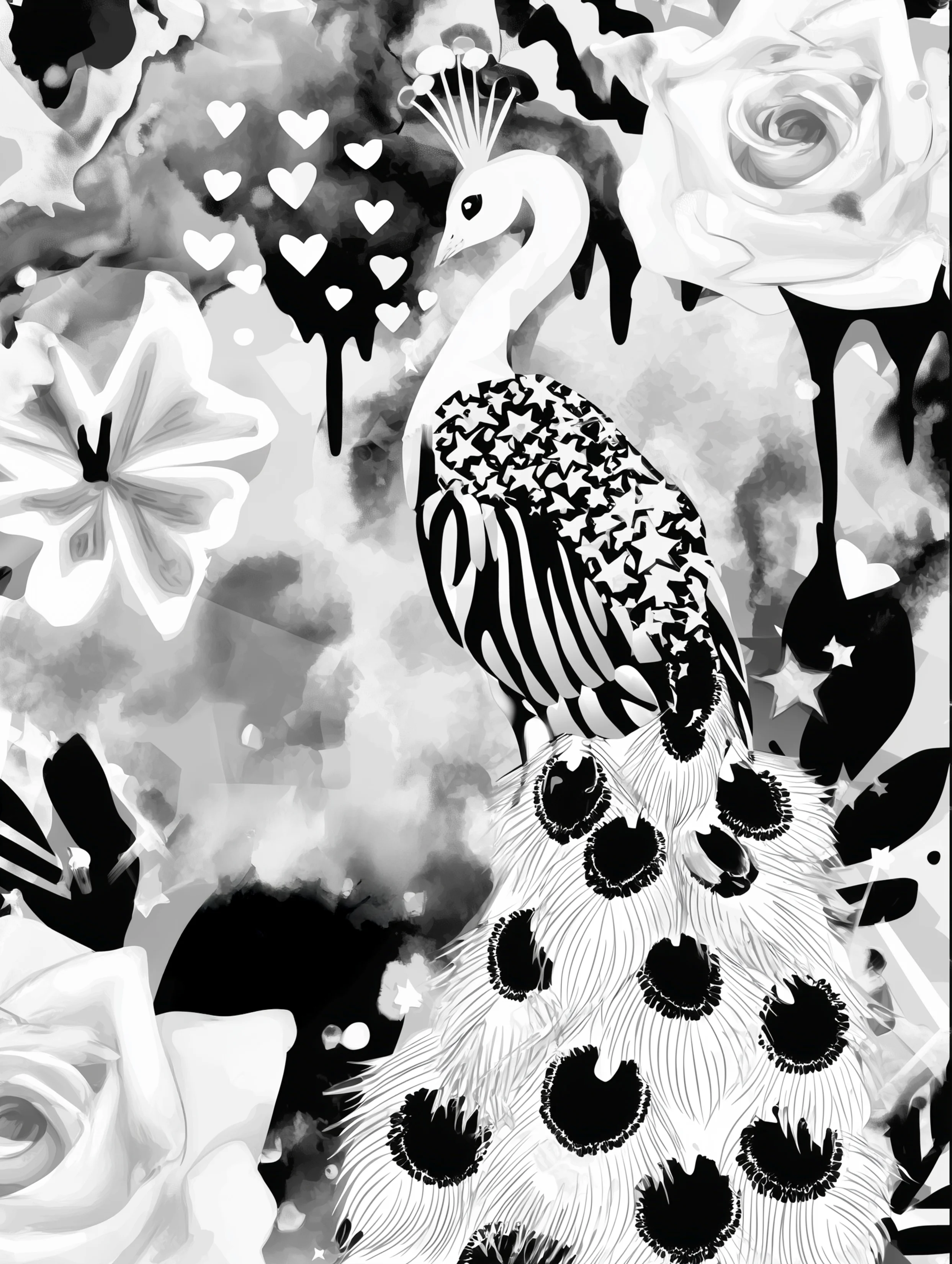 Free printable coloring page of peacock for adults featuring facing hearts pretty peacock